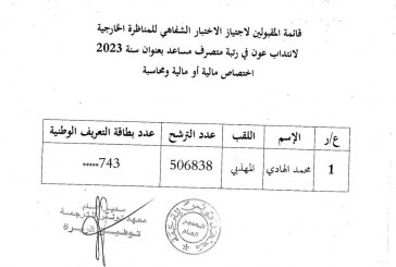 الاختبار الشفاهي للمناظرة الخارجية لانتداب عون في رتبة متصرف مساعد بعنوان سنة 2023-اختصاص مالية أو مالية ومحاسبة